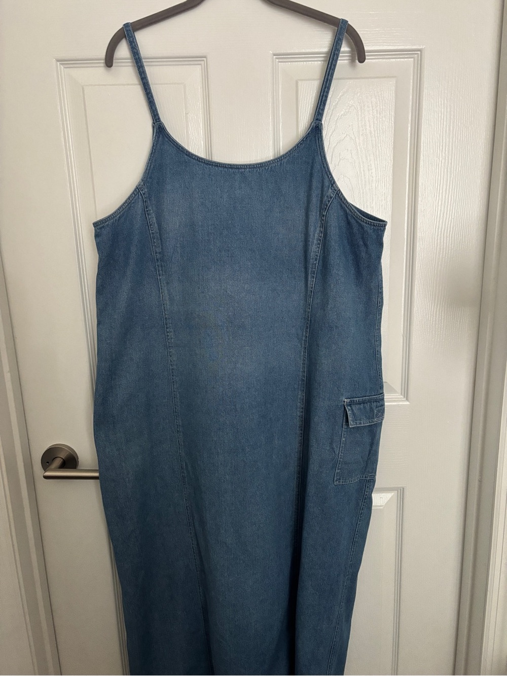Denim Overall Dress with Cargo Pocket & Spaghetti Straps - Blue Plus Size